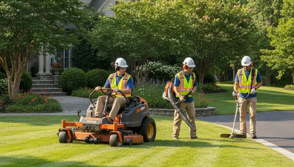 Professional lawn service crew maintaining a yard in Allentown, PA for Arbor Tree Care