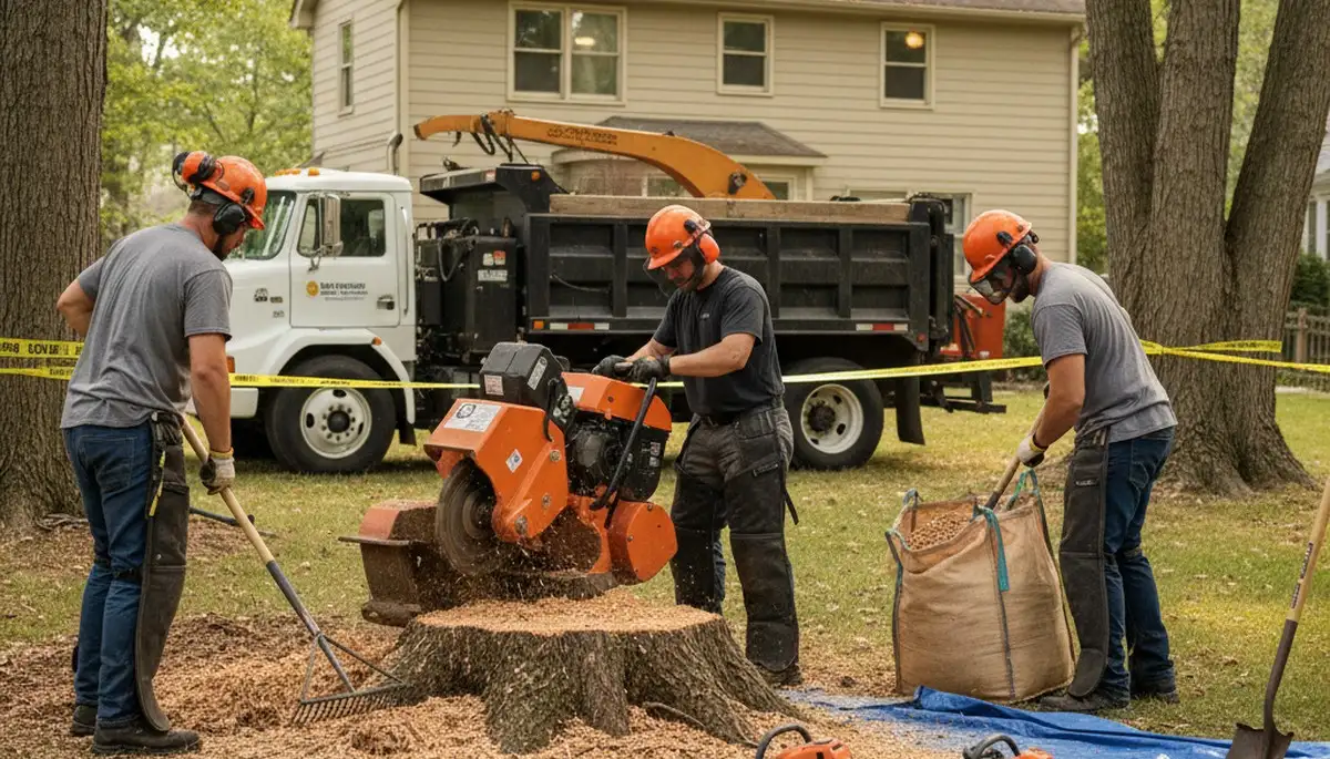 Stump removal crew in Allentown, PA clearing an old tree stump from a residential yard