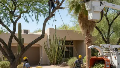 Professional tree service crew in Allentown, PA removing a tree with bucket truck and safety gear